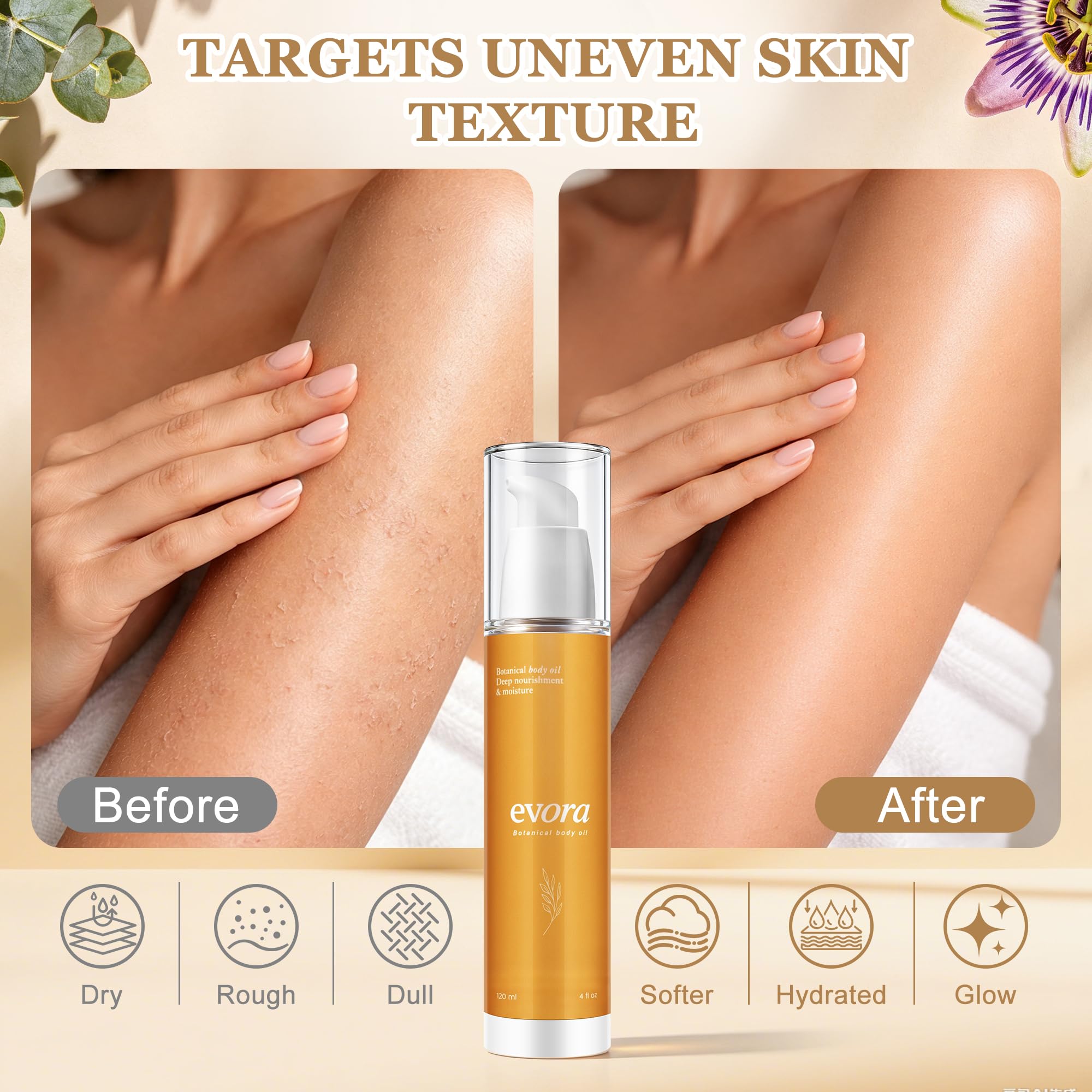 Evora body oil visual skin-texture demonstration