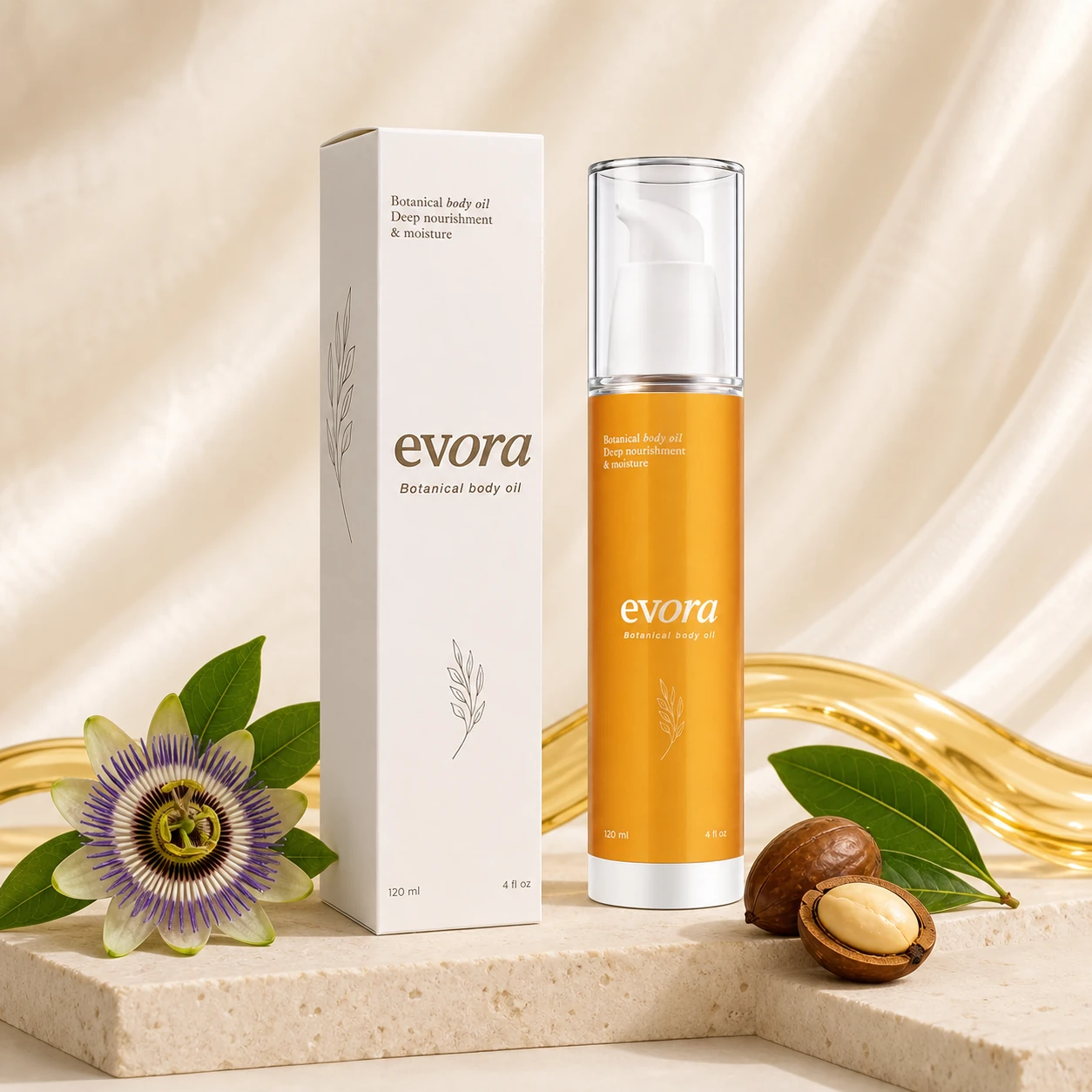 Evora Botanical Body Oil bottle and box on warm ivory travertine