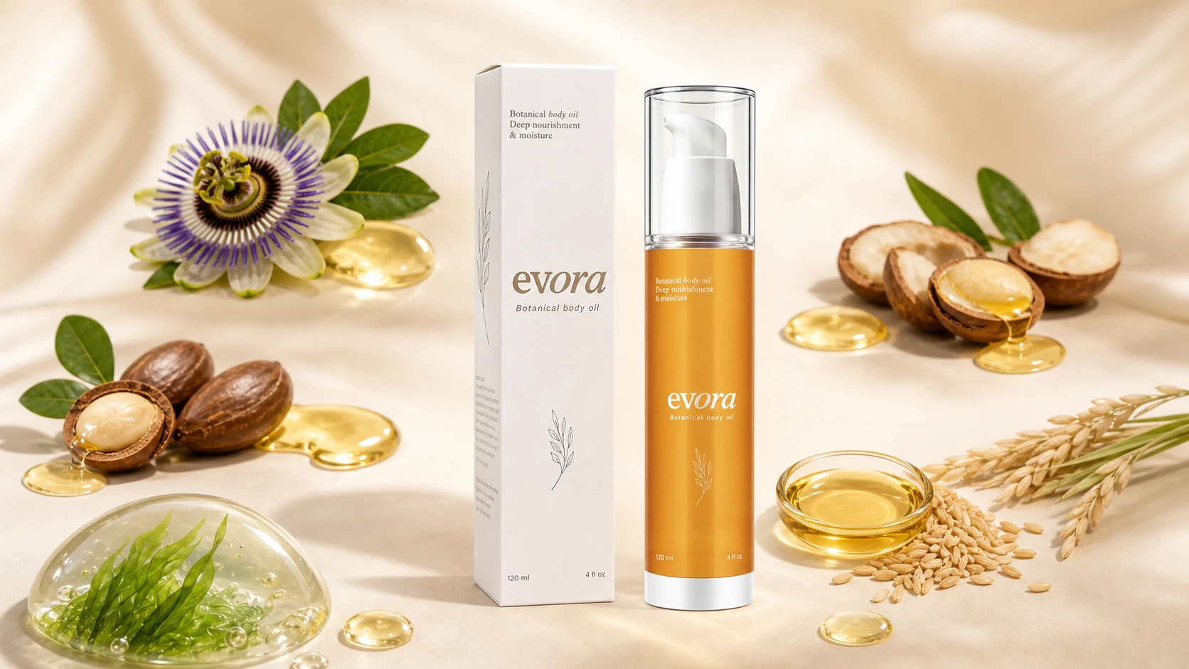 Evora Botanical Body Oil with passionflower, botanical oils, wakame algae, Brazil nuts and rice bran