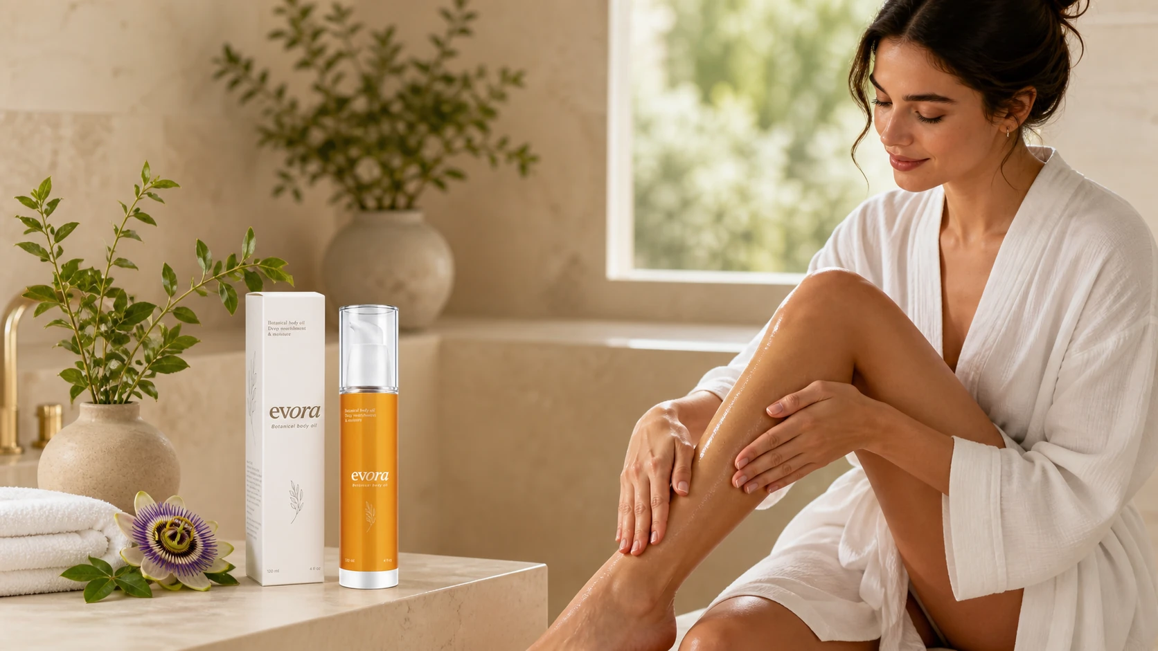 Woman applying Evora Botanical Body Oil to her leg in a warm sunlit bathroom