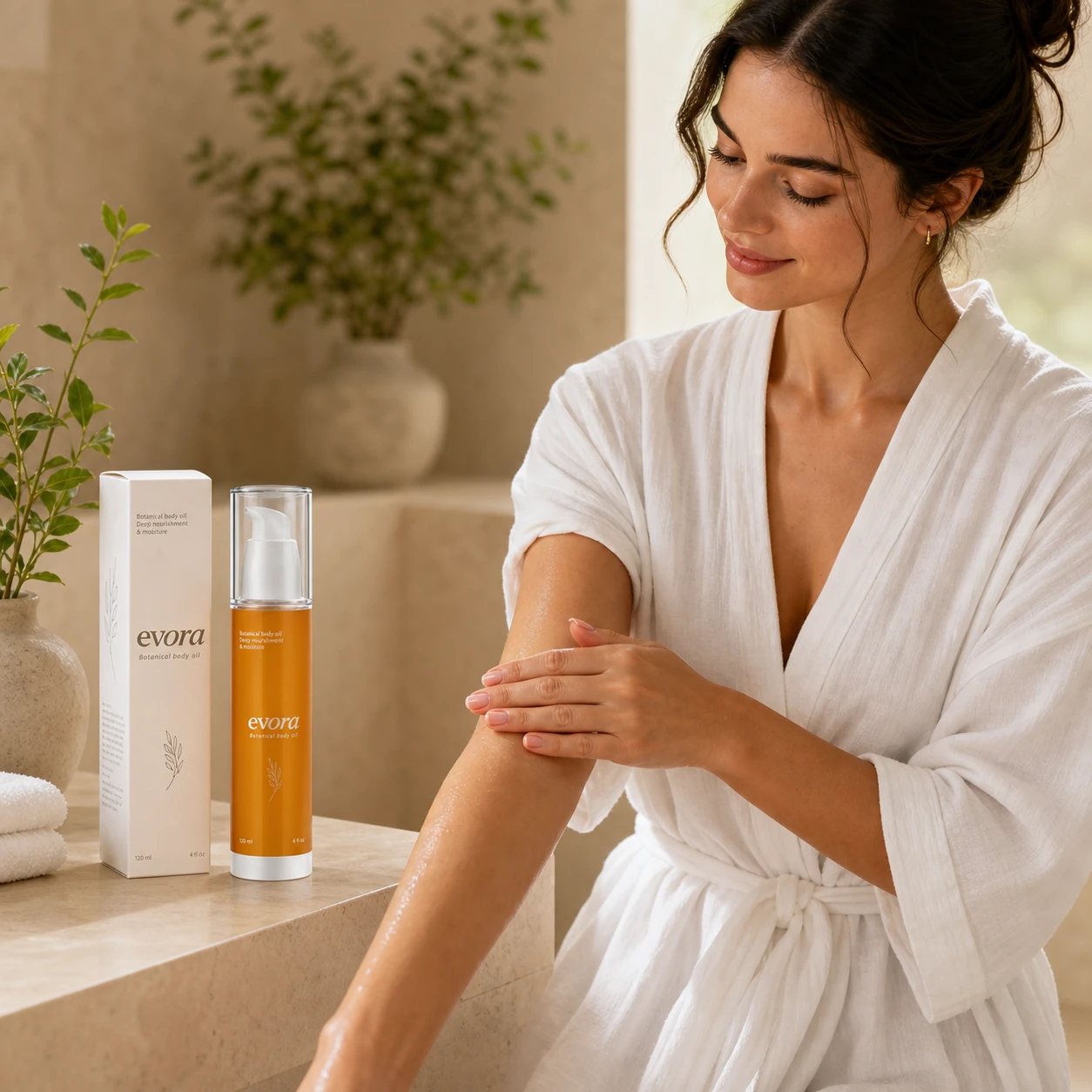 Woman smoothing Evora Botanical Body Oil over her forearm
