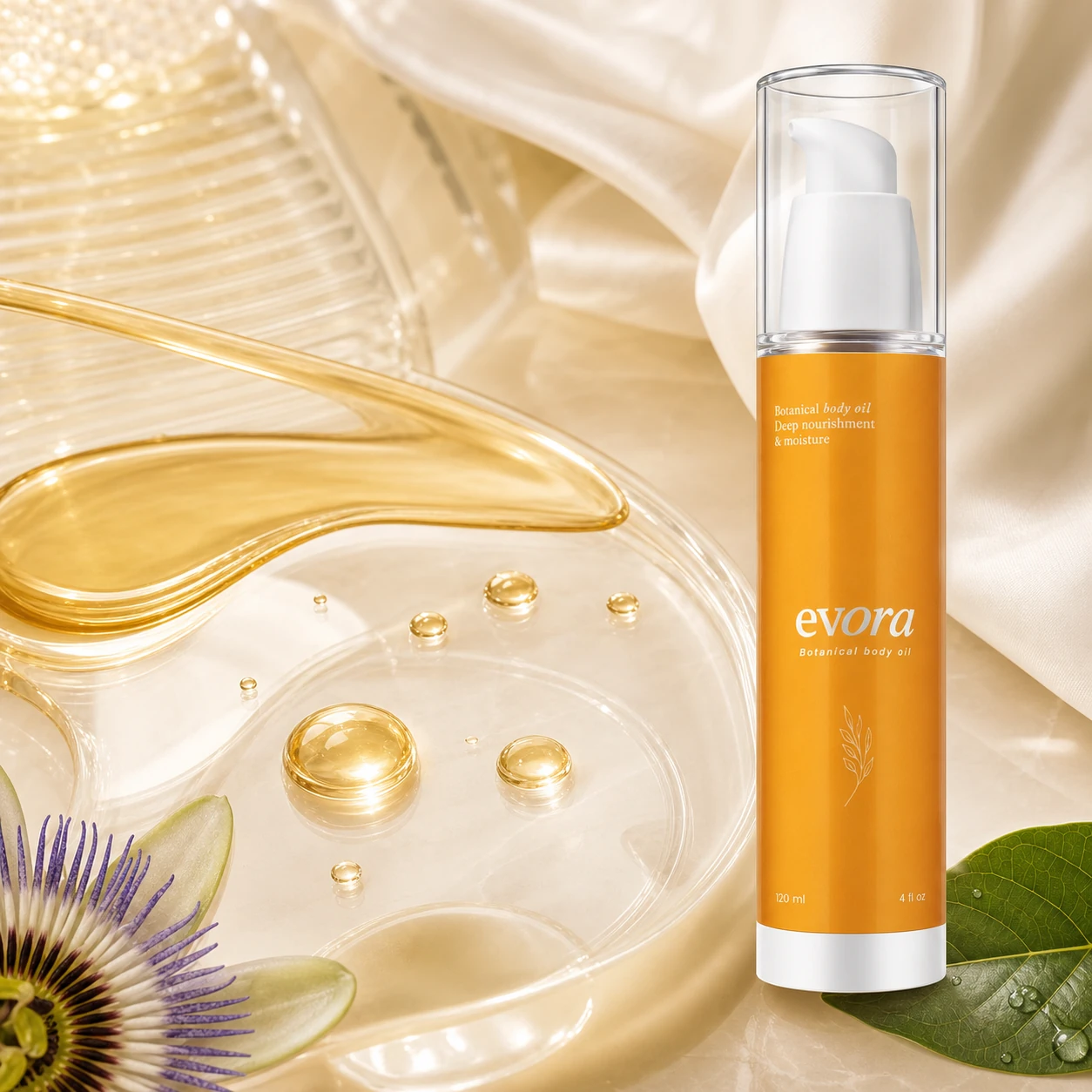 Evora body oil beside a light golden oil texture